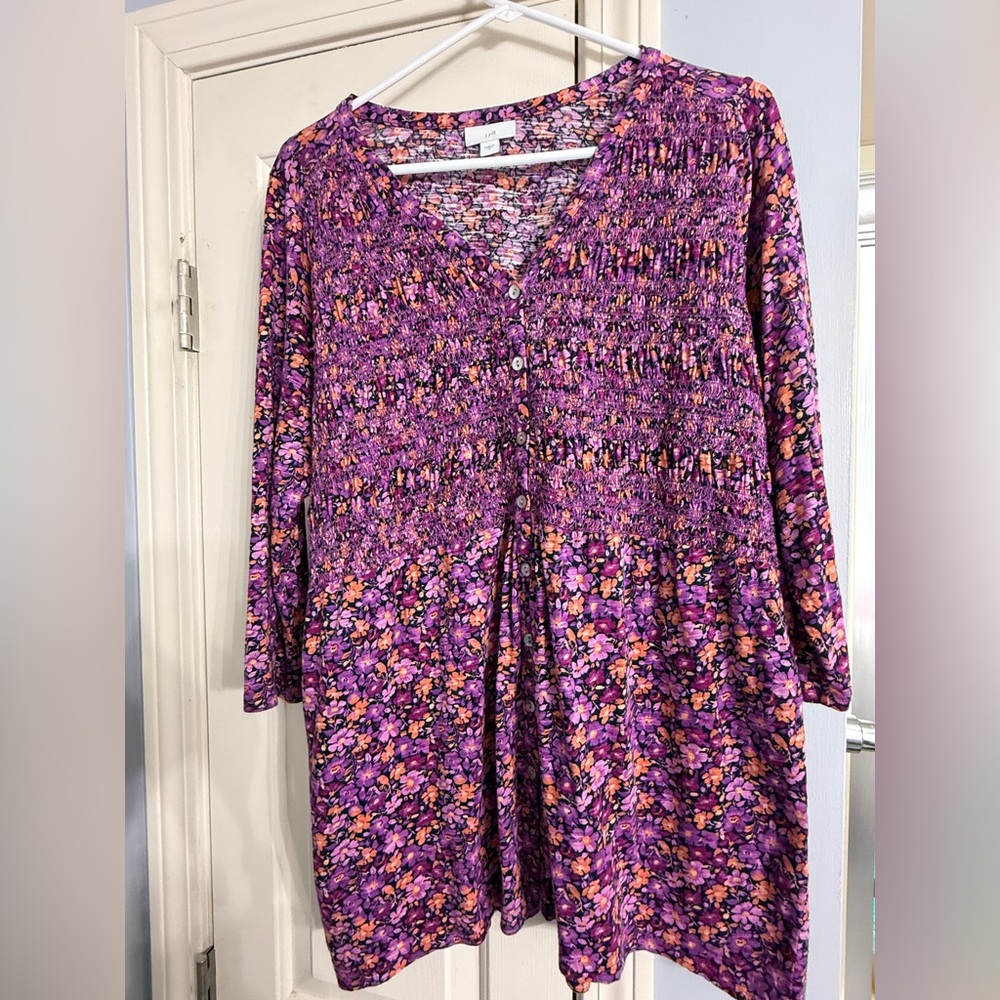 J. Jill Top Shirt Womens Medium Purple Floral Jersey Knit Button Up Smocked